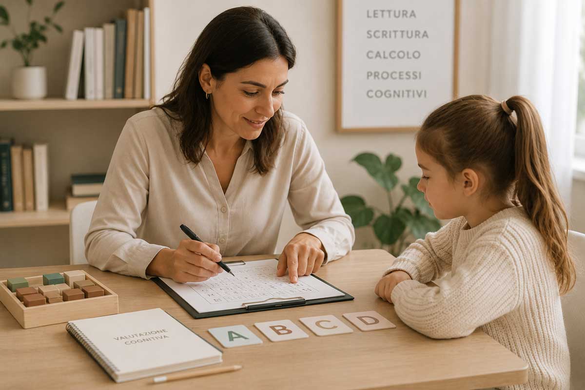 Specialista Fisiolog durante la valutazione delle abilità di lettura, scrittura, calcolo e dei processi cognitivi di una bambina in età evolutiva.