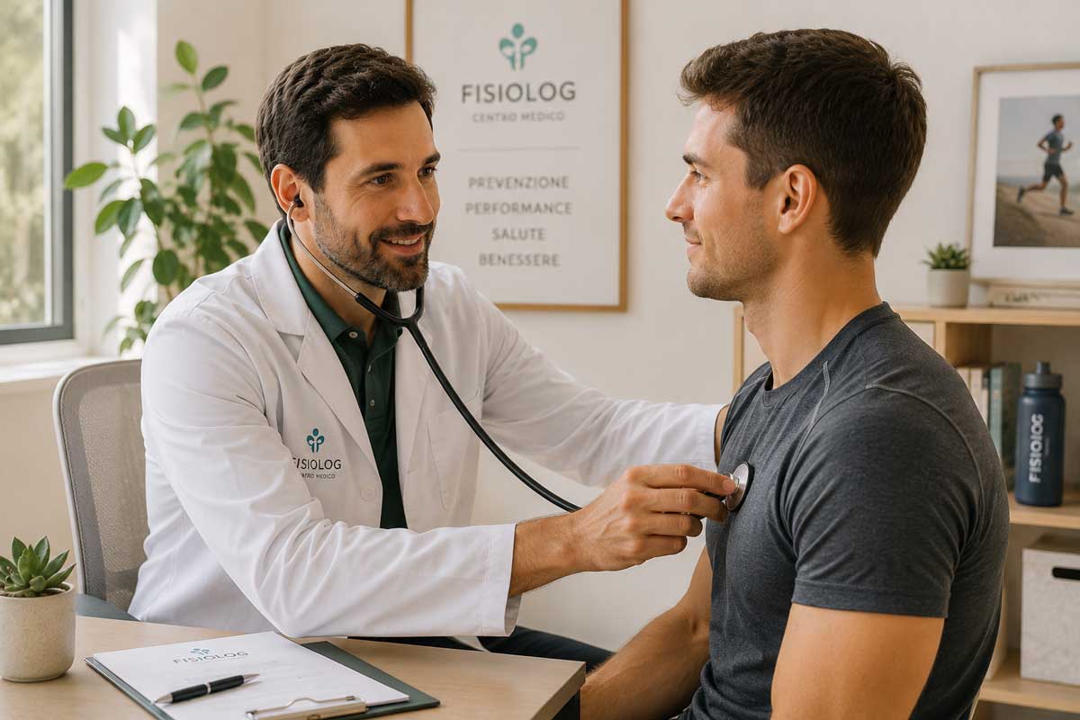 Medico durante una visita medico sportiva con una paziente sportivo in uno studio medico fisiolog per